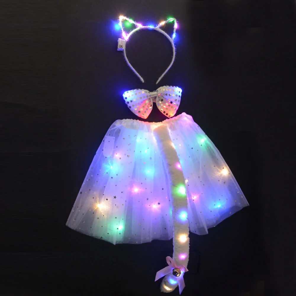 LED Glow Luminous Kids Girl Women Tutu Skirt Clothing Wedding Party Cat Animal Ear Headband Tie Tail Fox Costume Anime Cosplay