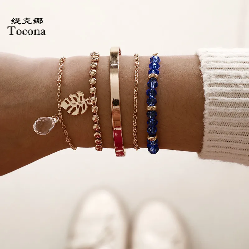 Tocona 5 шт./компл. сусальное золото Браслеты Прозрачный кристаллический камень синий браслеты из бисера для Для женщин богемные ювелирные изделия Прямая 8827