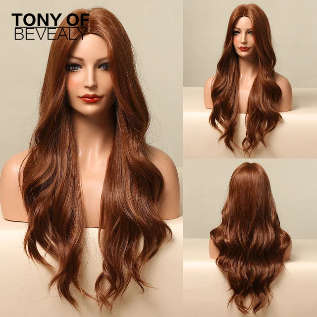 Long Water Wavy Synthetic Wigs Ombre Brown Middle Part Natural Hair Wigs For Women Cosplay Wigs Heat Resistant Fiber LC5122-1