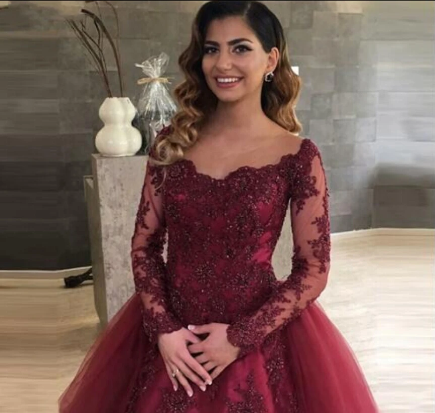 Robe de soiree бургундское кружевное бальное платье с аппликацией, платья для выпускного вечера, пышное платье принцессы с длинными рукавами, украшенное бисером, стильное платье для выпускного вечера в африканском стиле
