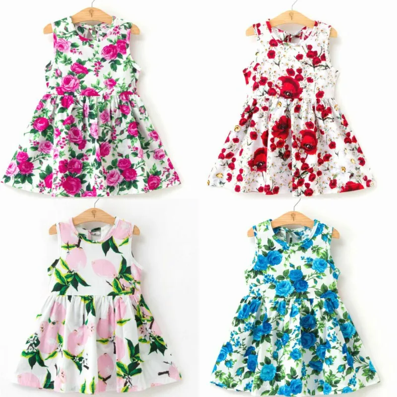 

Girls Dress New Summer Children Kids Girls Sleeveless Flower Print Dress Soft Cotton Princess Dresses Girl Clothes Floral Dress