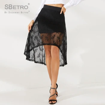 

SBetro Solid Lace Sheer Skirt Summer Party Skirts Women Solid A Line Classy Romantic Elegant Office Lady Skirt
