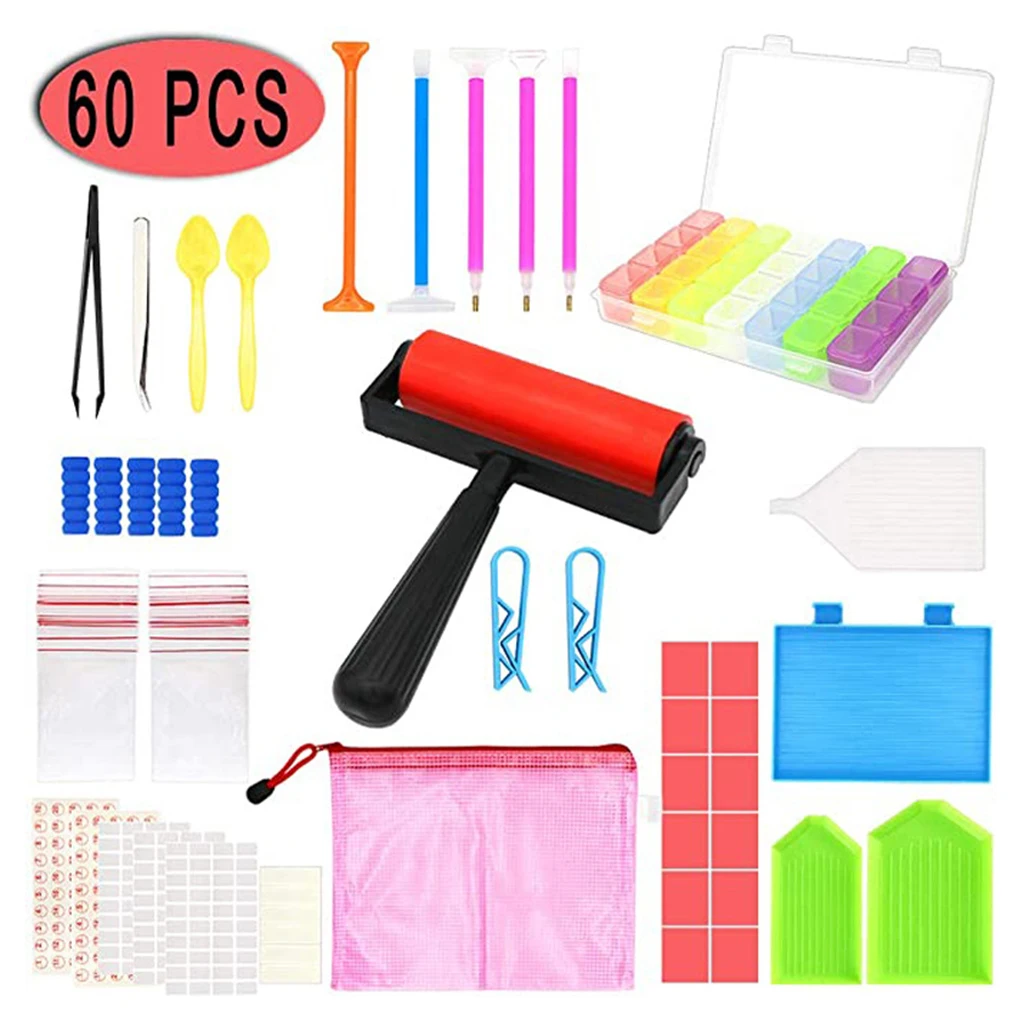 60Pieces 5D Diamond Painting Tools and Accessories Kits Roller Pen Diamond Embroidery Tray Storage Container Sets