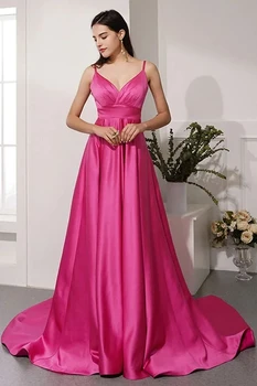 

Hot Pink Prom Gown Spaghetti Straps A-line Sweep Train Evening Dress