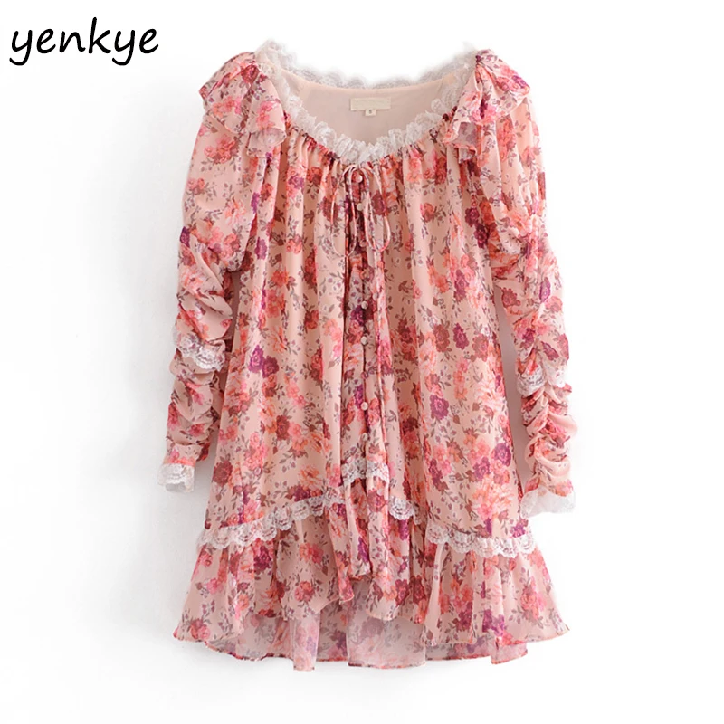 New Fall Women Sweet Lace Trim Floral Print Dress Sexy V Neck Long Sleeve Autumn Chiffon Dresses Plus Size Short vestido | Женская
