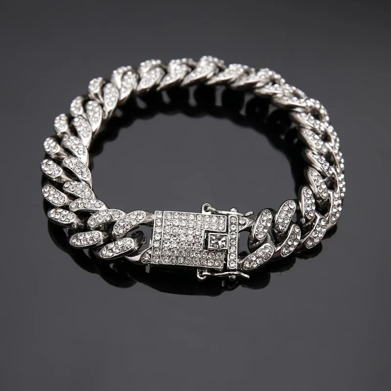 Ширина 12 мм Iced Out Bling CZ кубинская цепь браслеты зубец проложили Майями звено цепи браслет для мужчин хип-хоп ювелирные изделия - Окраска металла: silver color
