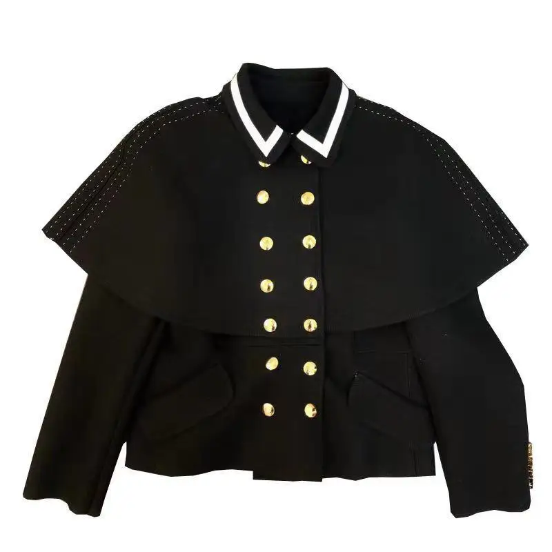 new autumn lapel long sleeve double-breasted cloak jacket female