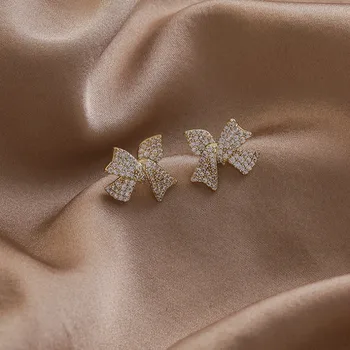 

New Cute Elegant Classic Bowknot Full Rhinestone Stud Earrings For Women Students Fashion Jewelry Gifts