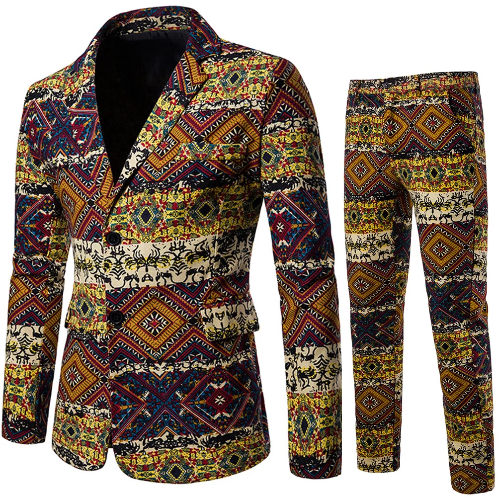 

2019 Printing men suits 2 Pieces vintage ethnic style Casual single-breasted event party suits terno costume homme Clothes