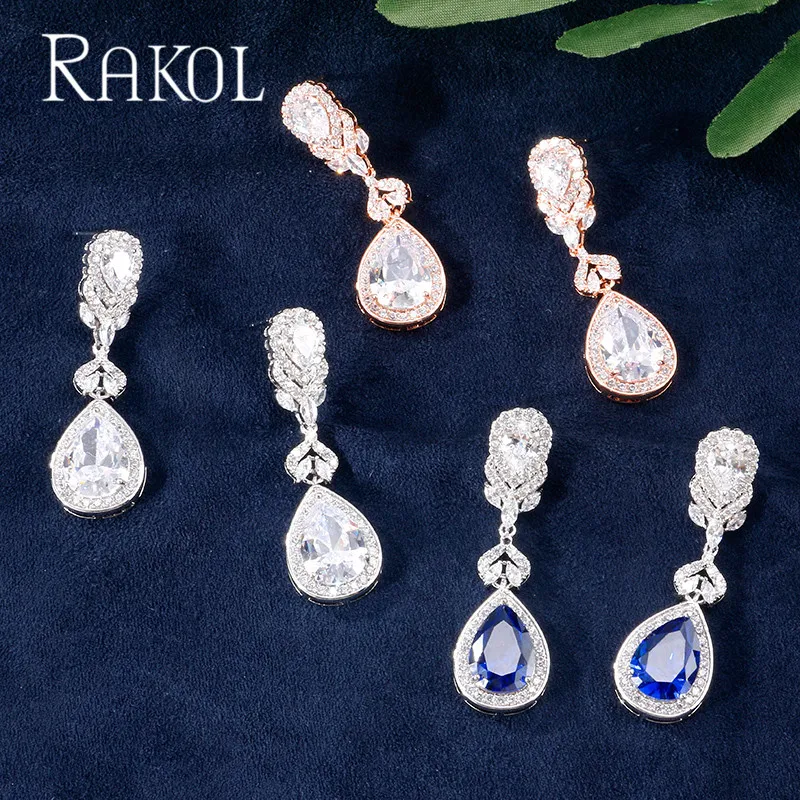 RAKOL Роскошные AAA кубический циркон розовое золото цвет капли воды Кристалл большие длинные висячие серьги для невест для женщин Свадебные украшения RE021