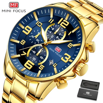 

MINI FOCUS Golden Mens Watches Top Brand Luxury Quartz Clock Calendar Chronograph Multifunction Fashion Wristwatch Waterproof