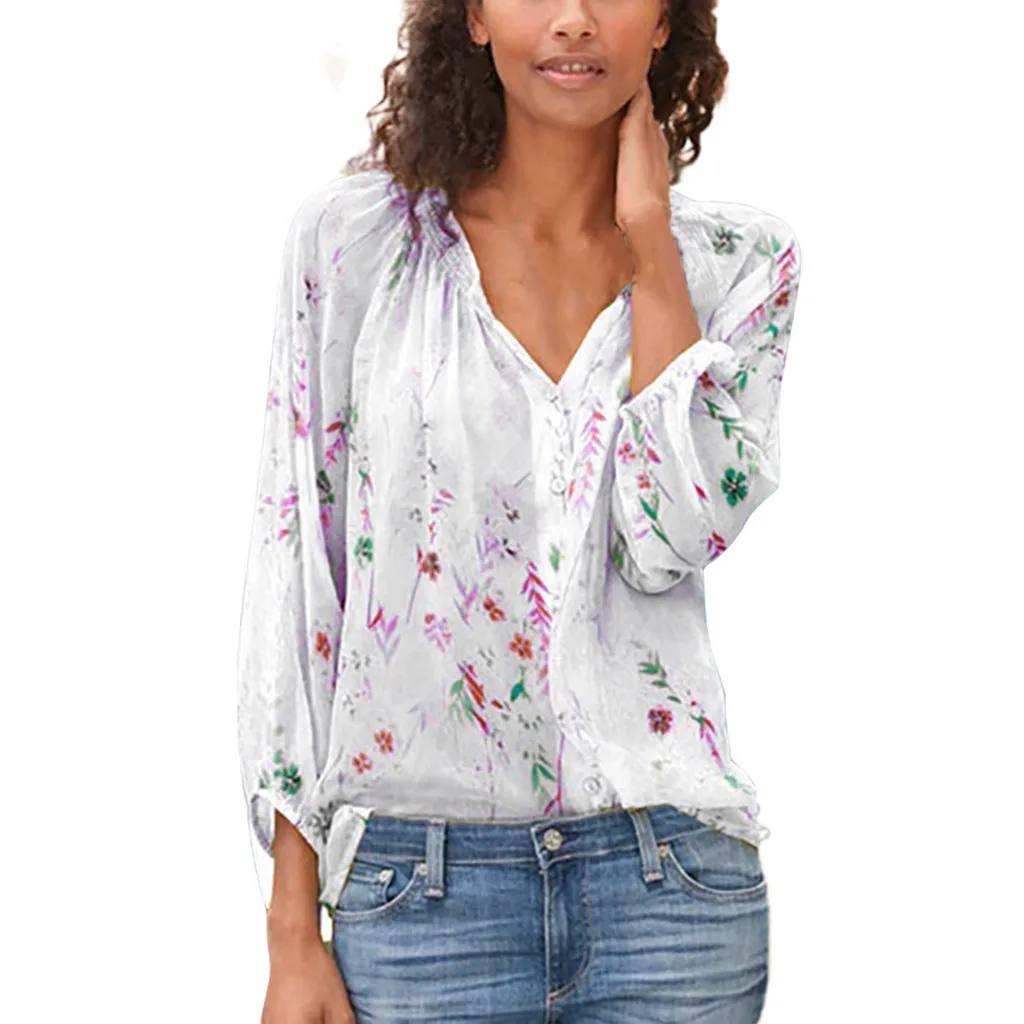 

Women Tops Blouses Loose Elegant Plus Size V-Neck Print Long Sleeve Chiffon Blouse Female Work Wear Shirts Lapel Blusa #T20G