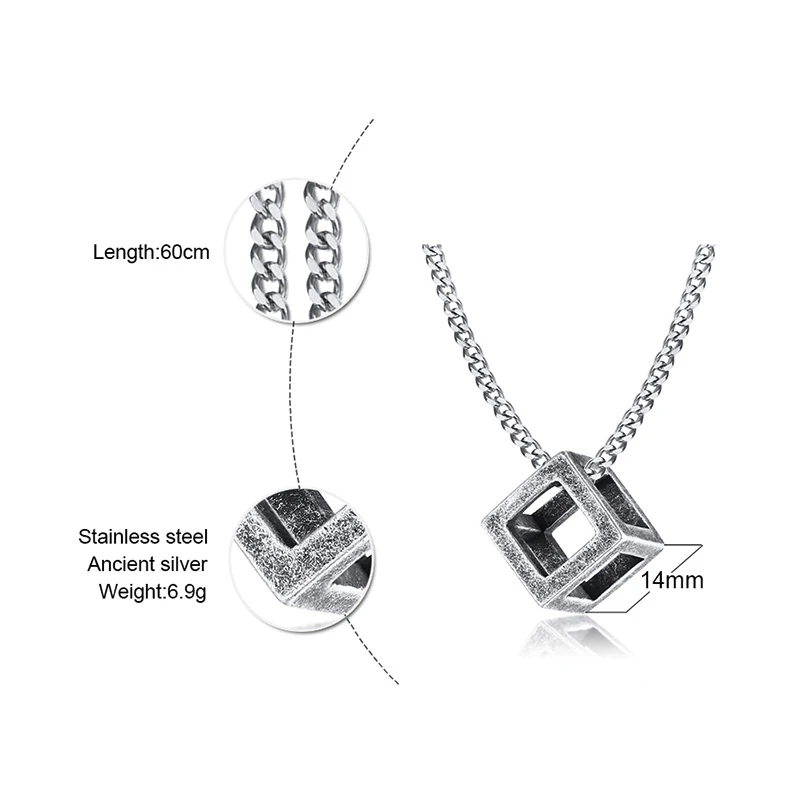 Vnox Retro Hollow Cube Pendant for Men Stainless Steel Square Vintage Necklace Punk Geometric Collier 24″ Chain