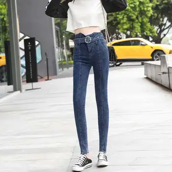 

Stretch jeans female 2019 spring high waist blue black nine pants summer Korea thin belt tight feet pants solid color women jean