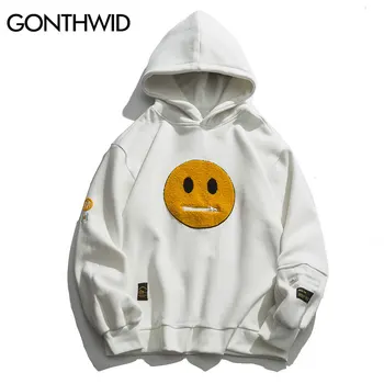 Zipper Pocket Smile Face Patchwork Fleece Hoodies Sweatshirts Streetwear Mens Hip Hop Casual Pullover Hooded Male Tops 3