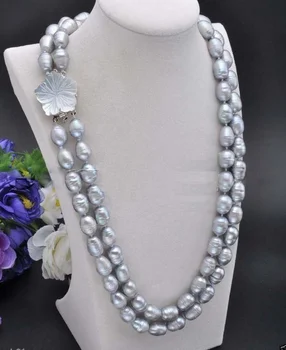 

2 Rows 10-11mm Natural Gray Rice Freshwater Cultured Pearl Necklace 18-19'' AAA natural Luxury Ms. girl Wedding Jewelry