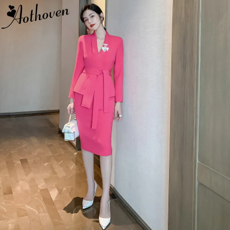Осенний высококлассный женский костюм, розовый блейзер на бретельках и юбка-карандаш, комплект из двух предметов, элегантная Офисная Женская рабочая одежда с длинным рукавом, vestidos - Цвет: Photo Color