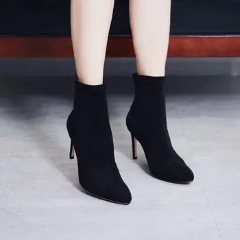

Fast delivery 2019 autumn and winter women boots pointed toe suede high heel short boots