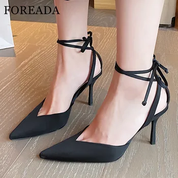 

FOREADA Woman High Heels Slingbacks Shoes Cross Tied Stiletto Heel Pumps Dress Pointed Toe Female Footwear Lady Black Size 33-43