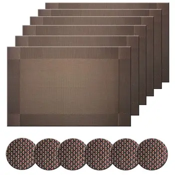 

6Pcs Placemats+6Pcs Coaster Woven Vinyl Non-Slip Insulation Placemat Washable Disc Pads Coasters Waterproof Pad