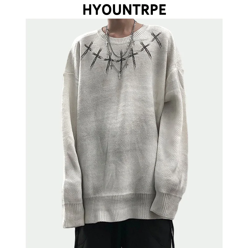 High Street Vintage Wash Sweater Men Graffiti Loose Knitted Pullover Long Sleeve Hip Hop Oversize Sweater Casual Jumper Knitwear