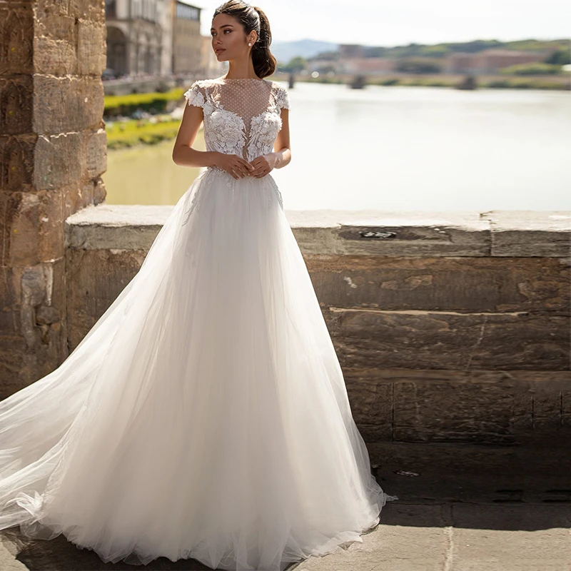 

Fashiin O-neck A-line Bridal Gowns 2020 Applique Beading Sweep Train Short Sleeve Tulle Wedding Dress