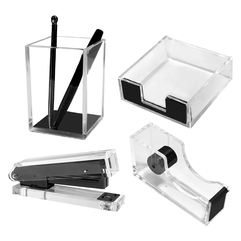 Acrylic Office Desk Set Black Desk Organizer Supplies Set with Magnetic Round Paper Clips Holder 1