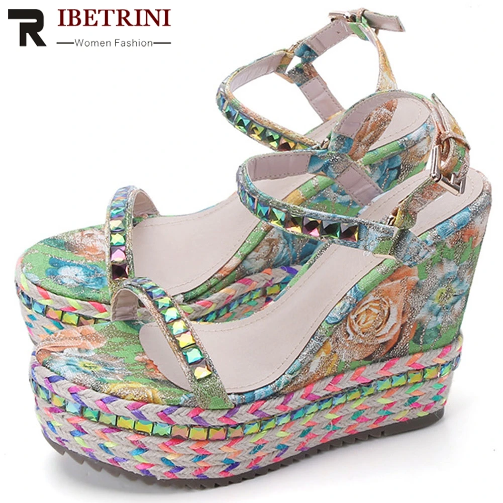 

RIBETRINI Fashion Summer Female Shoes Woman Crystal High Wedge Platform Colorful Party Sandals Women Metal Buckle Strap Sandals