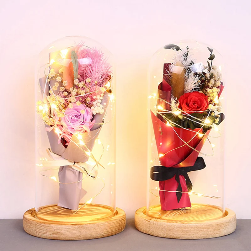 

LED Glass Dome Light Rose LED Night Light Eternal Life Flower Glass Cover Beauty and Beast Rose LED Battery Lamp Rose In Flask