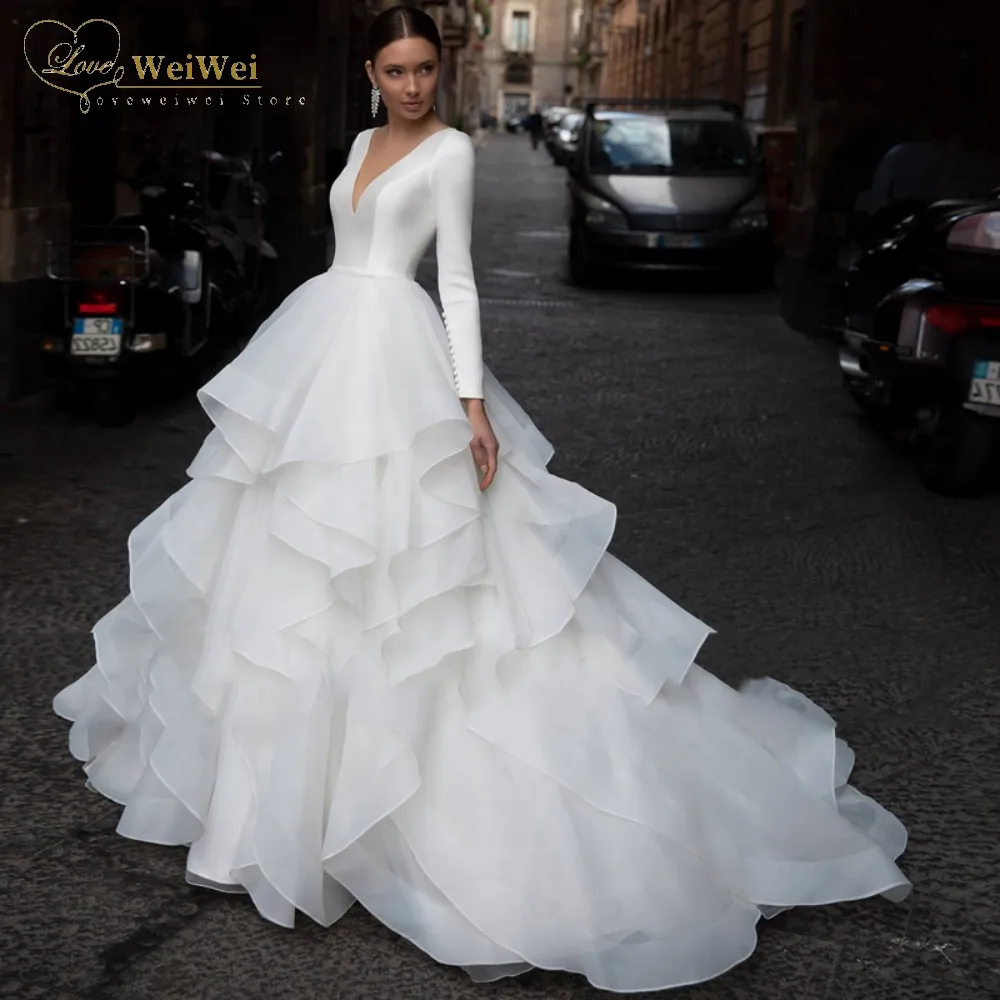 Romantic V-Neck Wedding Dress Princess Long Sleeves Sweep Train Back Button Multi-Layered Ruffles Bridal Gown Vestidos De Novia