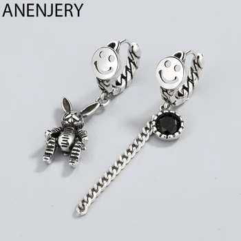 

ANENJERY Smiling Face Hoop Earrings Asymmetric Rabbit Zircon Chain Tassel Thai Silver Color Earrings For Women S-E1061