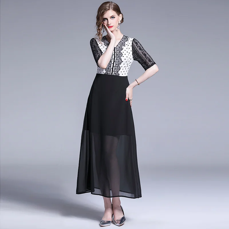 

New Dresses Woman Party Night Chiffon V-neck Temperament Lace Stitching Wave Sweet Elegant Dress 2019