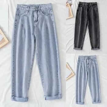 

Women Jeans Straight Washed Vintage High Waist Korean Style Casual Slim Teenagers Trousers Ulzzang All-match Soft Chic Button BF