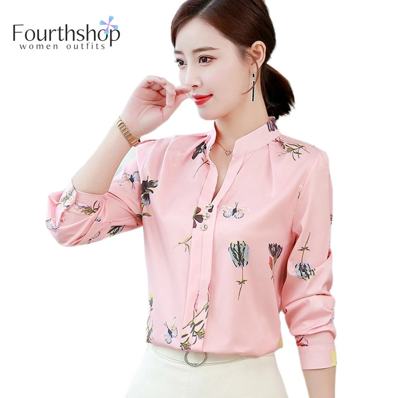 Blusa rosa estampado Floral mujer, camisa de manga larga a la moda, Tops y blusas Camisas de mujer, blusa de talla grande 5XL 4XL para Otoño e 2019|Blusas y