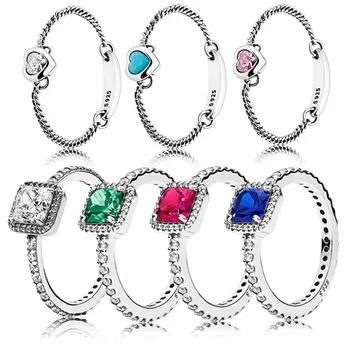 

925 Sterling Silver Original 1:1 Red&Green&Blue&Clear Crystal Timeless Elegance Spirited Heart Femal Ring DIY Fashion Jewelry