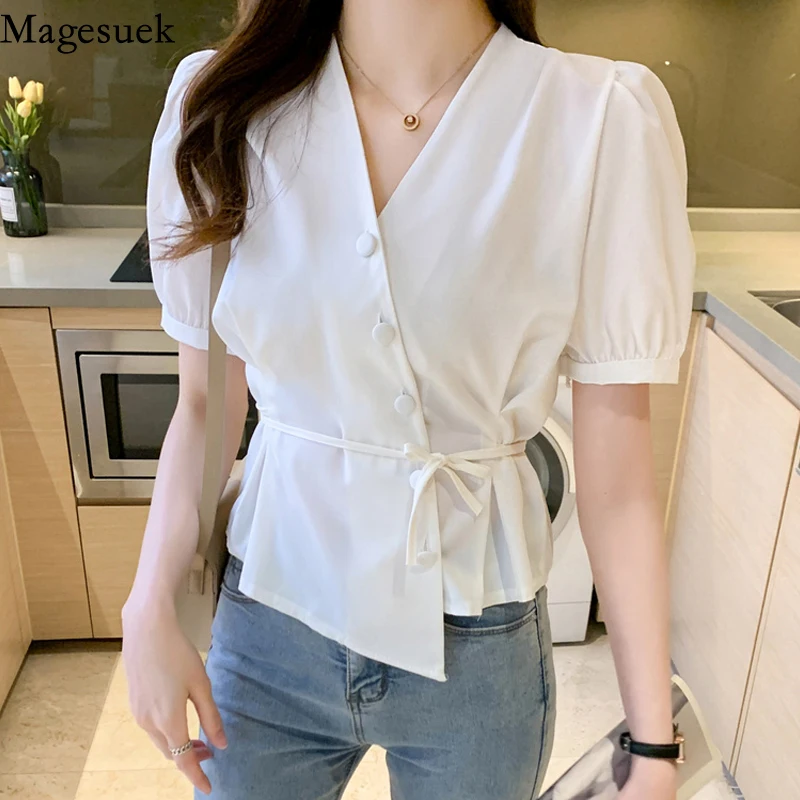 

Korean Style Oblique Buckle Blouse for Women 2021 Summer White Slim Waist Short Sleeve Tops Elegant V Neck Button Up Shirt 15064