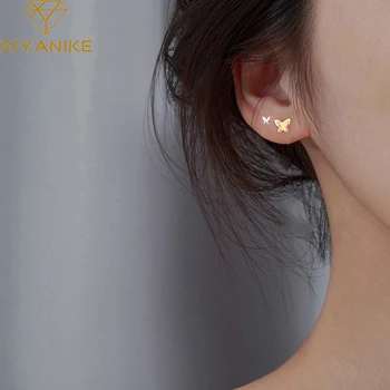 

XIYANIKE 925 Sterling Silver Korean Fresh Golden Double Layer Butterfly Earrings Female Cute Animal Small Fashion Handmade Gift