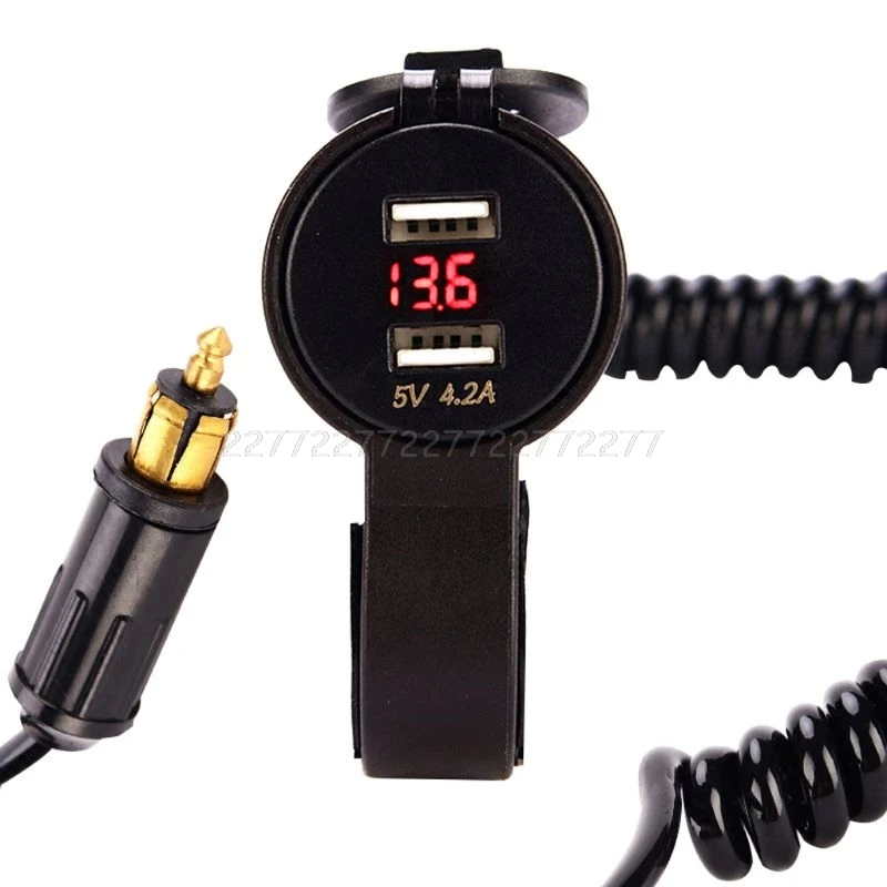 

12V 24V Dual USB 2.1A Charger With LED Voltmeter Spring Cable Power Adapter for Triumph Motorcycle DIN Plug S18 19