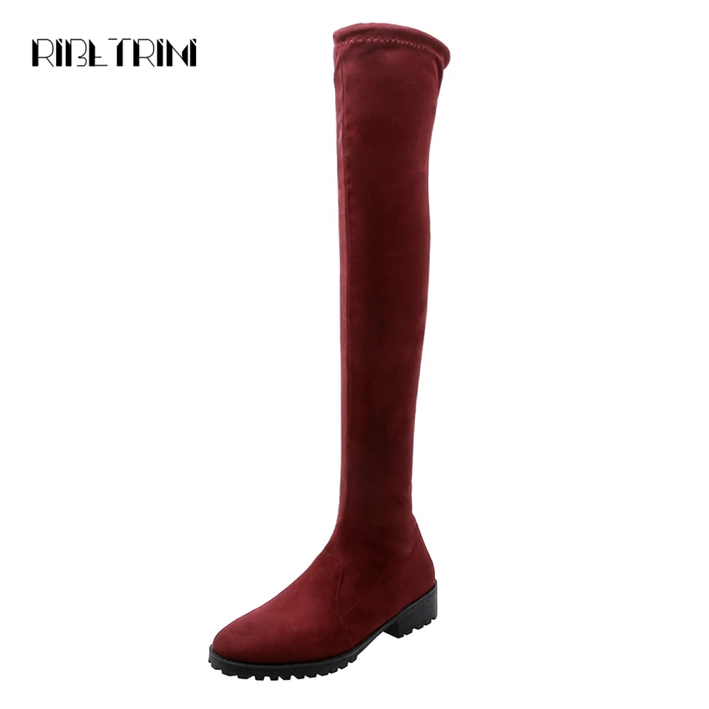 

RIBETRNI 2020 Brand New Design Chunky Heels Slip On Stretch Flock Shoes Women Boots 4 Colors Concise Knee High Boots Woman Shoes
