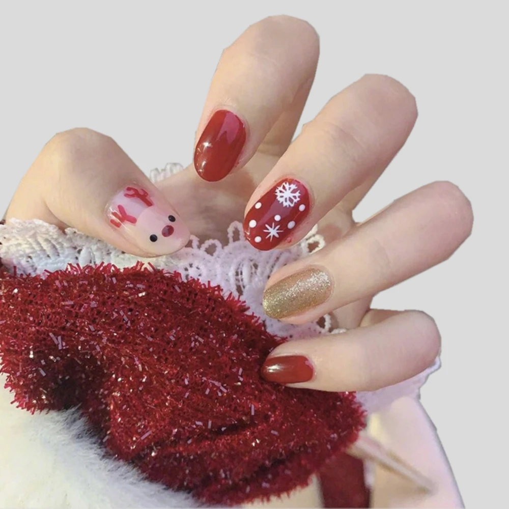 

Lovely Deer Snow Artificial Short False Fingernails With Design Christmas Nail Art Press On Fake Nail For Children Manicure Tool