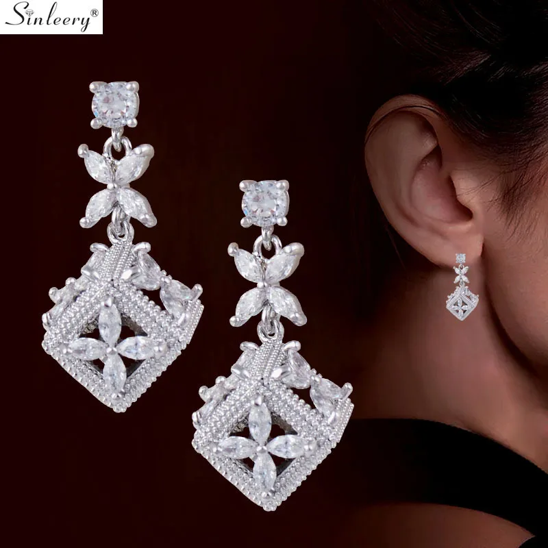 

SINLEERY Chic Cube Tiny Butterfly Small Drop Earrings Silver Color Clear Zirconia Wedding Earrings For Women Jewelry ES709 SSD