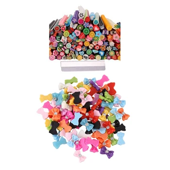 

150x 3D Cute Designs Nail Art Clay Canes Sticks Stickers+ Blade & 1 Bag (100Pcs)3D Mix Resin Rhinestone Glitter Bowknot