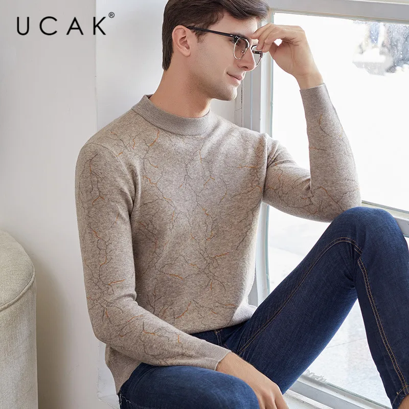 Cheap UCAK Brand Pure Merino Wool Sweater Men New Arrival Casual Autumn Winter Pull Homme Fashion Streetwear Sweaters Clothes U3147