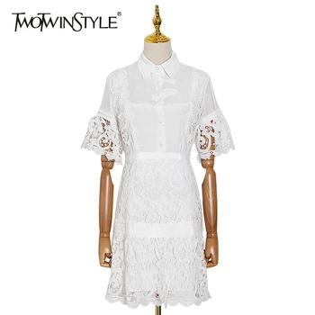 

TWOTWINSTYLE Casual Patchwork Lace Dresses Female Lapel Collar Short Sleeve High Waist Hollow Out Mini Dress Women Fashion Tide