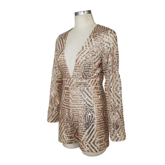 Pop Women Sequins Jumpsuit Deep V Neck Long Sleeves Backless Rompers For Spring Pop 88