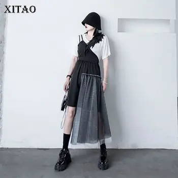 

XITAO Original Patchwork Causal Sleeveless Dress V Neck Loose Irregular Mesh Sense of Design Niche 2020 Summer Dress DMY4846