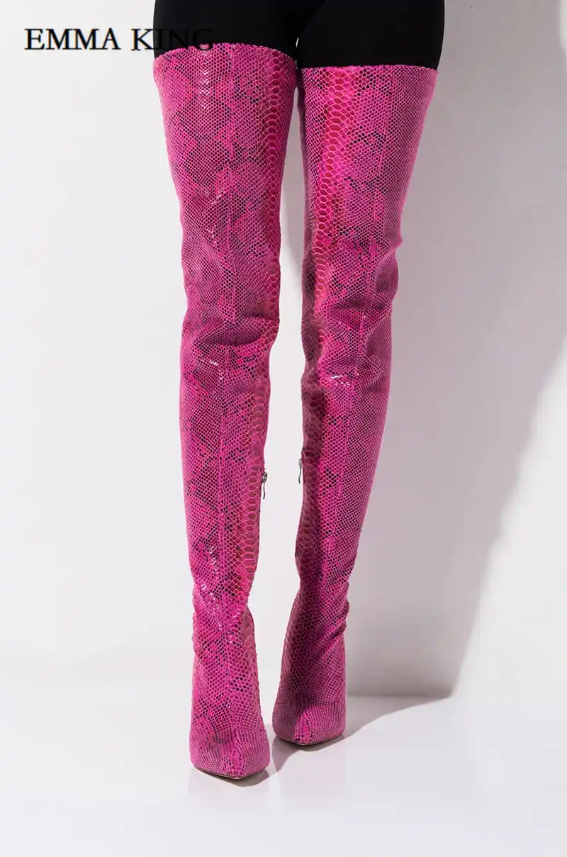 neon pink thigh high boots