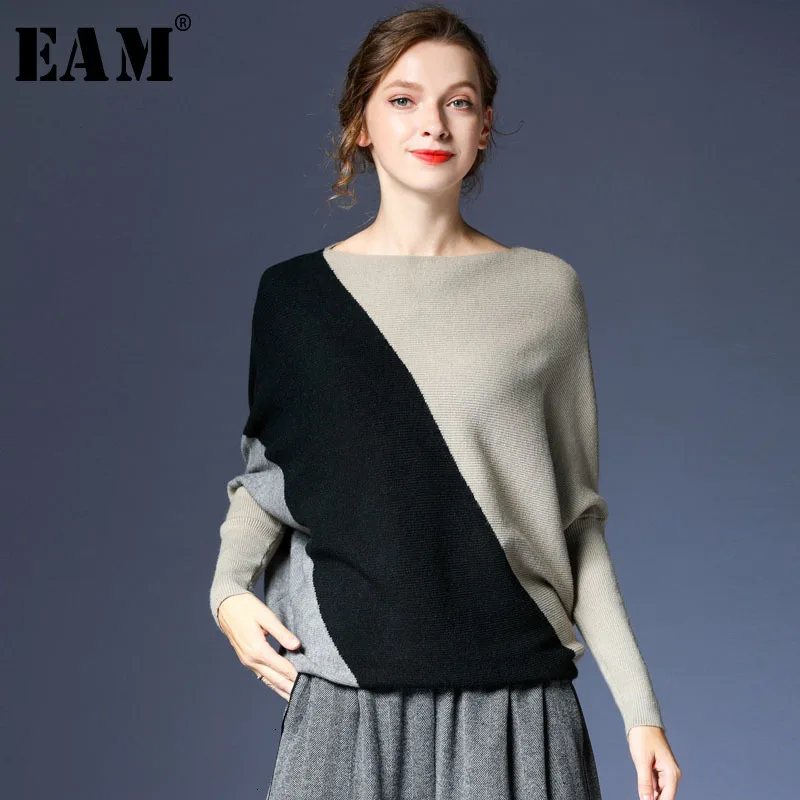 

[EAM] Contrast Color Knitting Sweater Loose Fit Round Neck Long Batwing Sleeve Women New Fashion Tide Autumn Winter 2019 1D337