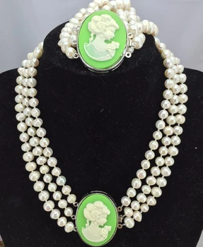 

Natural 3row 7-8mm White Akoya Pearl & Shell Beauty clasp Necklace Bracelet Set