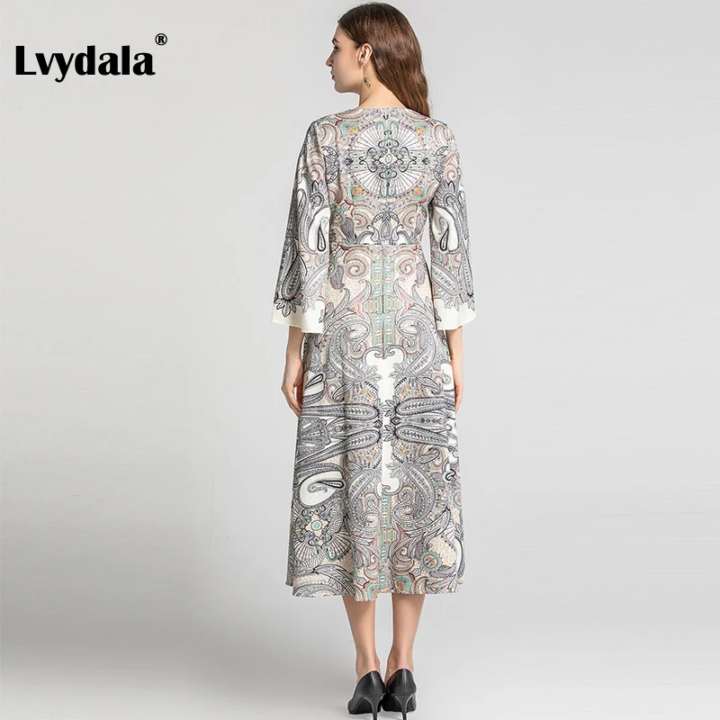 Lvydala, модное дизайнерское платье, весна-лето, женское платье с v-образным вырезом и расклешенными рукавами, винтажное платье с принтом